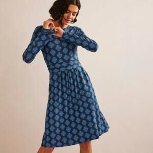 Boden Abigail Jersey Dress Long Sleeve Blue Print sz 4 Small Viscose Knee Length